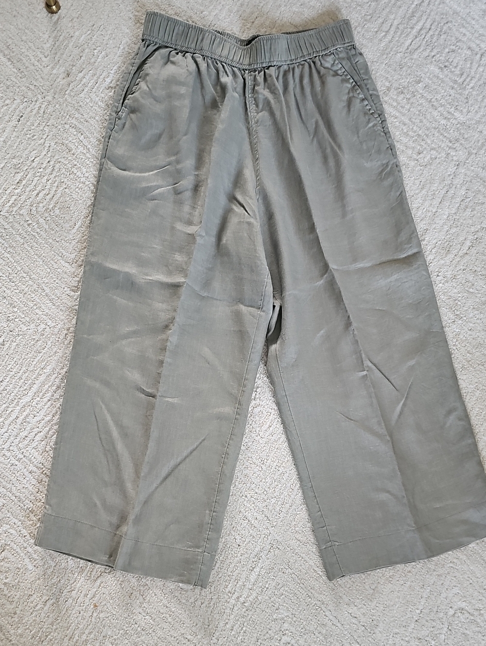 Tahari Linen Olive-Green Cropped Wide-Leg Pants
